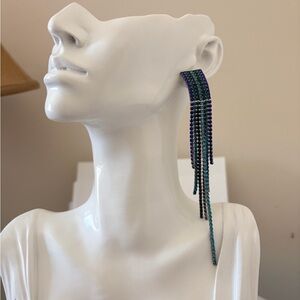 Long Blue-Green Rhinestone Fringe Earrings
